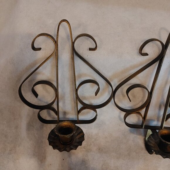 Gold Tone Wrought Iron Wall Candle Sconces - Set of 2 - Picture 2 of 5